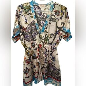 Johnny Was Ivory Floral Silk Short Sleeve V Neck Tunic Top Women’s S